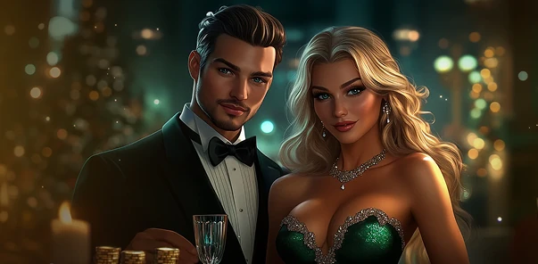 CrownGreen elegant couple in tuxedo and gown posing with champagne and gold coins for a luxurious vibe