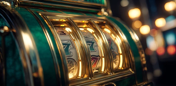CrownGreen brand slot machine with golden reels and green accents glowing in a casino setting