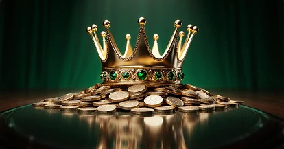 Golden crown on piles of coins — royal casino jackpots at Crowngreen